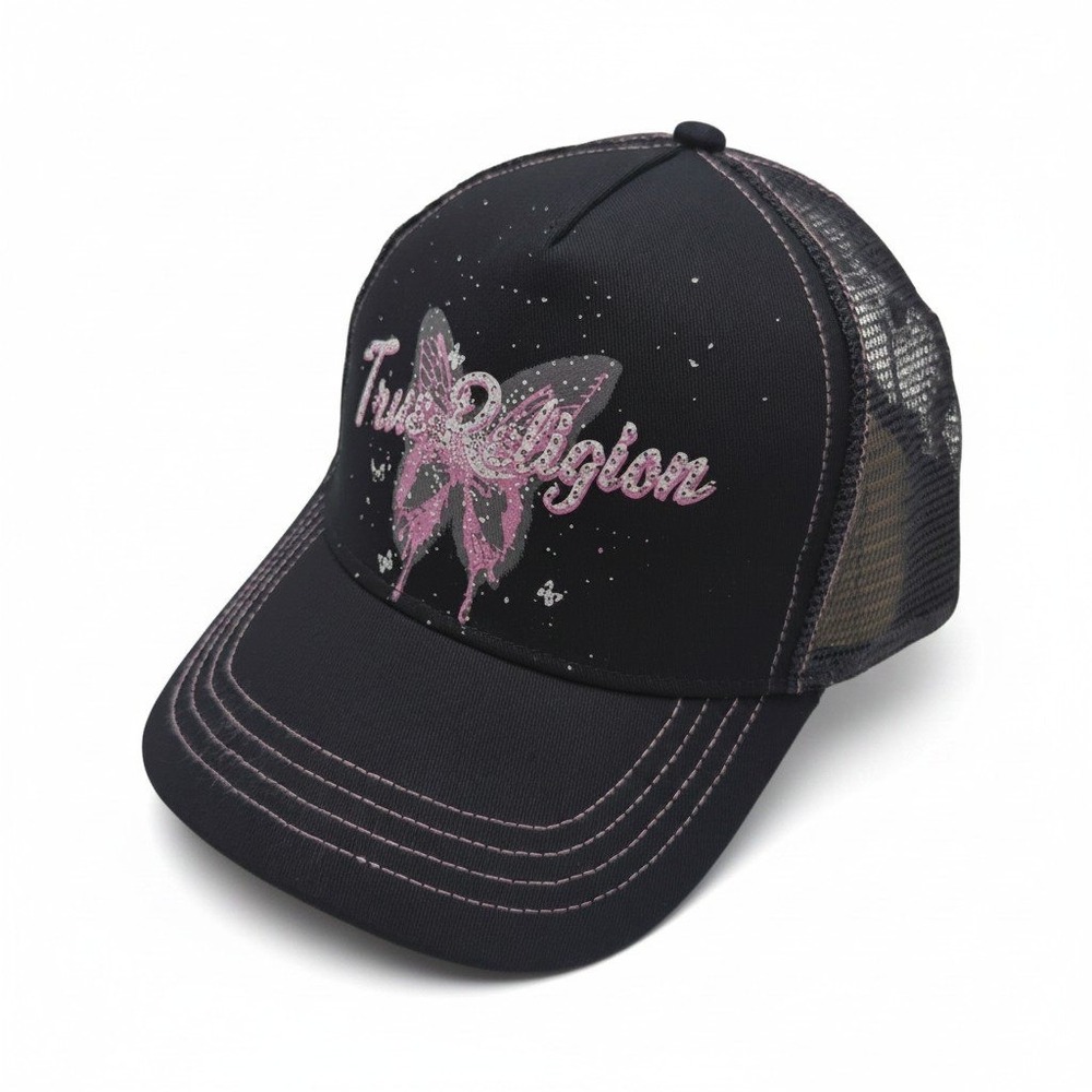 True Religion TR Butterfly Trucker Hat Jet Black Pink Glitter Snapback TR4229